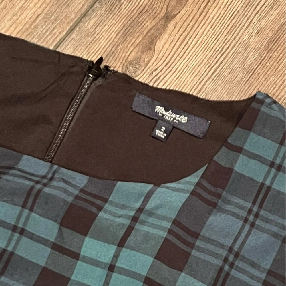 Madewell 100% Silk Plaid Dress - Blue and Green, Ruffle Hem, Size 2